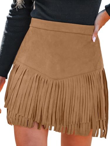 CUPSHE Damen Rock Herbst Winter Fransen Wildleder Rock, High Waist Western Outfit Minirock Mini Skirt, Beige, M von CUPSHE
