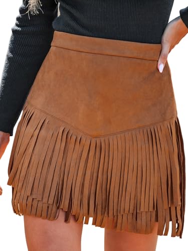 CUPSHE Damen Rock High Waist Fransen Wildleder Kurze Röcke Minirock Freizeitrock Wildlederimitat Western Style Party Mini Short Skirt Braun M von CUPSHE