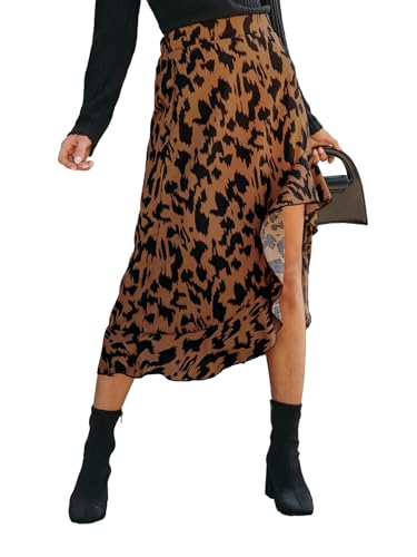 CUPSHE Damen Rock High Waist Rüschen Tierdruck Leoparden Elastische Taille Asymmetrische Röcke Freizeitrock Midi Skirts Braun XL von CUPSHE
