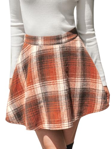 CUPSHE Damen Rock Hohe Taille A Linien Ausgestellt Minirock Kurz Karierter Freizeitrock High Waist Party Skater Short Skirt Orange L von CUPSHE