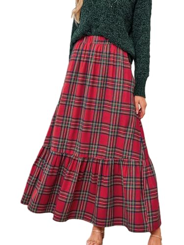 CUPSHE Damen Rock Hohe Taille Karomuster Rüschen Maxi Röcke Elastische Taille Karierter Freizeitrock Plaid Long Skirt Rot XS von CUPSHE