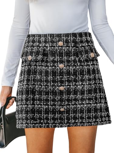 CUPSHE Damen Rock Hoher Bund Knöpfen Tweed Karo Minirock High Waist Kurz Karierter Freizeitrock Elegant Mini Short Skirt Schwarz S von CUPSHE