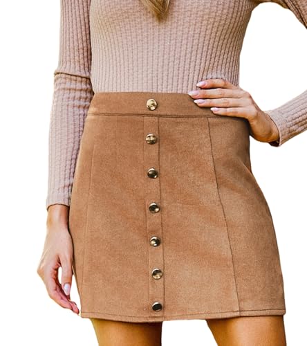 CUPSHE Damen Rock Hoher Bund Metalknöpfen Wildleder Minirock Kurz Freizeitrock Wildlederimitat High Waist Party Short Skirt, Karamellbraun, L von CUPSHE