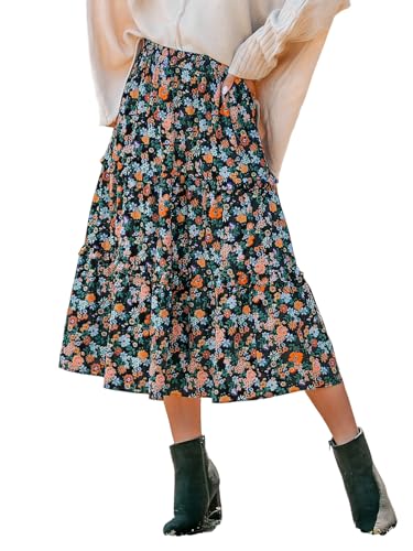 CUPSHE Damen Rock Hoher Bund Volants Blumenmuster Elastische Taille A Linien Midirock Freizeitrock High Waist Midi Skirts Schwarz M von CUPSHE