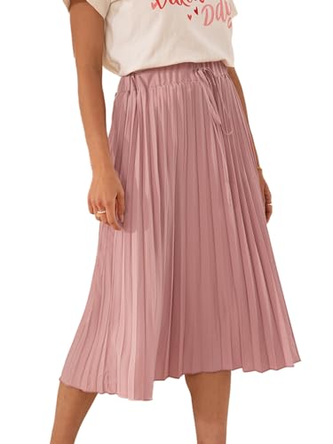 CUPSHE Damen Rock Plissee Midirock Hohe Taille Faltenrock mit Schnürung A-Linie Sommer Elegent Skirt Rosa M von CUPSHE