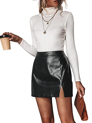 CUPSHE Damen Rock Schlitz High Waist Lackleder PU Minirock Freizeitrock Lederoptik Party Mini Short Skirt Schwarz S von CUPSHE