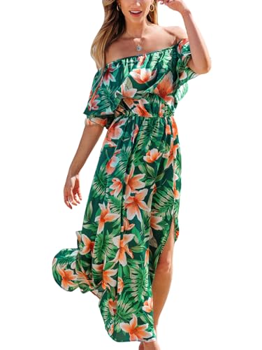 CUPSHE Kleid für Damen, Sommer, A-Form, schulterfrei, Maxilang, Rüschen, tailliert, tropischer Druck, Grün Tropical, XS von CUPSHE