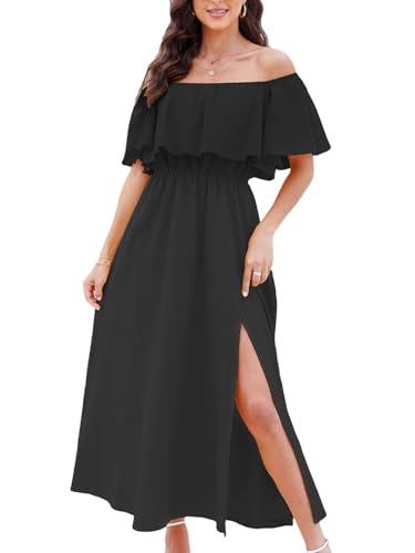 CUPSHE Damen Rüschen Blumen Strandkleid Schulterfrei Kurzarm Volant Mieder Schlitz Saum Maxi Sommerkleider, Schwarz, X-Groß von CUPSHE