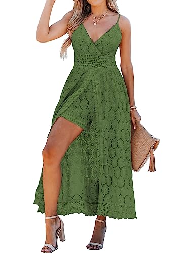 CUPSHE Damen Rüschen Smocking Jumpsuit Sommer Slip V Ausschnitt Rückenfrei Maxi High Low, Olivgrün, L von CUPSHE