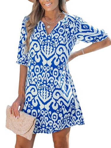 CUPSHE Damen Rüschen Strandkleid Split V Ausschnitt mit Quaste Krawatte Elastische Halbarm Mini Sommerkleider, Königsblau, Mittel von CUPSHE