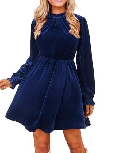 CUPSHE Damen Samtkleid Stehkragen Lange Puffärmel Rüschen Elegant Freizeitkleider Party Mini Dress Marineblau L von CUPSHE