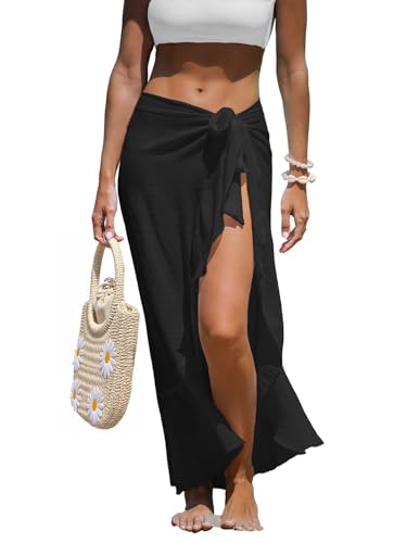 CUPSHE Damen-Sarong, Chiffon, Bademode, Wickelrock, zum Selbstbinden, Rüschen, Strandvertuschung, Schwarz, Medium von CUPSHE