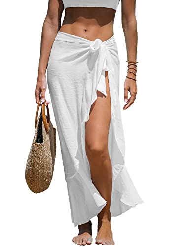 CUPSHE Damen Sarong Pareo High Waist Schnürung Rüschensaum Lang Strandtuch Sommer Bikini Cover Up Strandrock Weiß OneSize von CUPSHE