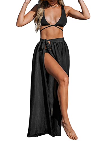 CUPSHE Damen Sarong Pareo Hohe Taille Schnürung Schlitz Lang Strandtuch Sommer Bikini Cover Up Strandrock Schwarz/Maxi L von CUPSHE