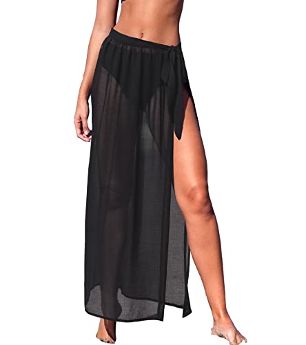 CUPSHE Damen Sarong Pareo Taillenband Seitlicher Schlitz Lang Strandtuch Sheer Sommer Bikini Cover Up Strandrock Schwarz M von CUPSHE