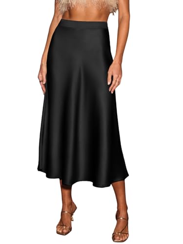 CUPSHE Damen Satin Midirock Elegant A-Linie Hochtailliert Leicht Meerjungfrau Rock Für Büro Abend Freizeit Black XL von CUPSHE