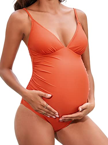 CUPSHE Damen Schwangerschafts Badeanzug V Ausschnitt Triangel Raffung Verstellbare Träger Einteilige Umstandsbademode Swimsuit Orange M von CUPSHE