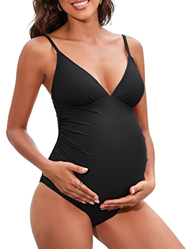 CUPSHE Damen Schwangerschafts Badeanzug V Ausschnitt Triangel Raffung Verstellbare Träger Einteilige Umstandsbademode Swimsuit Schwarz XL CUPSHE Damen Schwangerschafts Badeanzug V Ausschnitt Triangel Raffung Verstellbare Träger Einteilige Umstandsbademode Swimsuit Schwarz XL von CUPSHE
