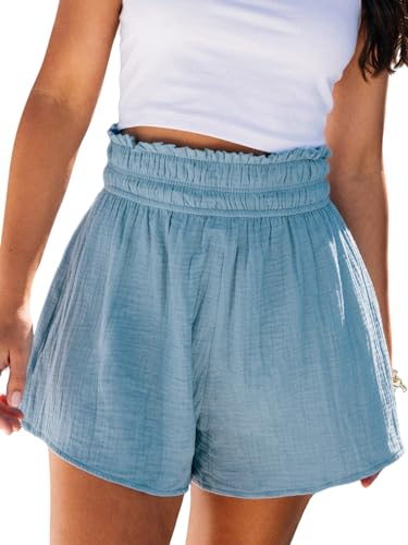 CUPSHE Damen Shorts Baumwolle Sommer Kurze Hose Musselin High Waist Elastischer Bund Lässige Stoff Sport Shorts, Hellblau, L CUPSHE Damen Shorts Baumwolle Sommer Kurze Hose Musselin High Waist Elastischer Bund Lässige Stoff Sport Shorts, Hellblau, L von CUPSHE