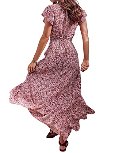 CUPSHE Damen Sommer Blumen Wickelkleid A Linie V Ausschnitt Maxi Kurz Ärmellos Freizeit Urlaub Kleid Rot, Rot/Ausflug, einfarbig (Getaway Solids), Medium von CUPSHE