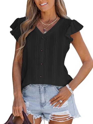CUPSHE Damen-Sommer-Blusen für Damen, mit Ösen, bestickt, Flatter-Shorts, Ärmel, Knopf, elegant, lässig, Damen-Oberteil, Schwarz , M CUPSHE Damen-Sommer-Blusen für Damen, mit Ösen, bestickt, Flatter-Shorts, Ärmel, Knopf, elegant, lässig, Damen-Oberteil, Schwarz , M von CUPSHE