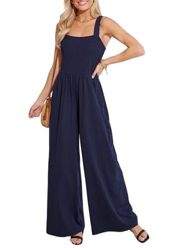 CUPSHE Damen Sommer Jumpsuit Gesmokt Ärmellos Strampler Quadratischer Ausschnitt Langes Weite Beine Overall Strand Playsuit Marineblau XL CUPSHE Damen Sommer Jumpsuit Gesmokt Ärmellos Strampler Quadratischer Ausschnitt Langes Weite Beine Overall Strand Playsuit Marineblau XL von CUPSHE