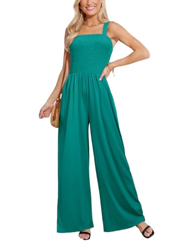 CUPSHE Damen Sommer Jumpsuit Gesmokt Ärmellos Strampler Quadratischer Ausschnitt Langes Weite Beine Overall Strand Playsuit von CUPSHE