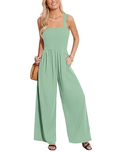 CUPSHE Damen Sommer Jumpsuit Gesmokt Ärmellos Strampler Quadratischer Ausschnitt Langes Weite Beine Overall Strand Playsuit von CUPSHE