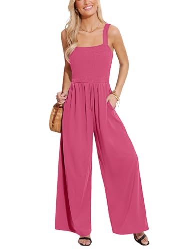 CUPSHE Damen Sommer Jumpsuit Gesmokt Ärmellos Strampler Quadratischer Ausschnitt Langes Weite Beine Overall Strand Playsuit von CUPSHE
