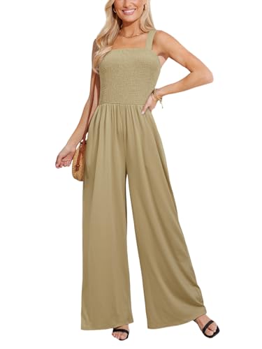 CUPSHE Damen Sommer Jumpsuit Gesmokt Ärmellos Strampler Quadratischer Ausschnitt Langes Weite Beine Overall Strand Playsuit von CUPSHE