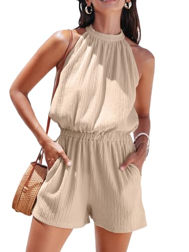 CUPSHE Damen Sommer Jumpsuit Neckholder Ärmellos Strampler Elastische Taille Weite Beine Hinten Binden Overall Strand Playsuit Beige M von CUPSHE