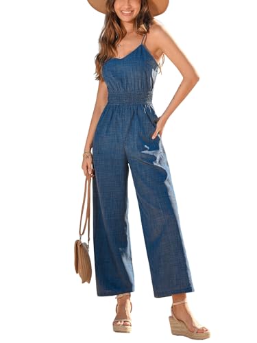 CUPSHE Damen Sommer Jumpsuit V-Ausschnitt Ärmellos Gesmokte Taille Weites Bein Strand Casual Overall, S von CUPSHE
