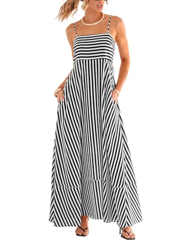 CUPSHE Damen Maxikleid Ärmellos Mit Spaghettiträgern Fließend Sommer Freizeit Gestreift Mit Taschen Schwarz Gestreift L von CUPSHE