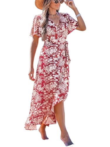 CUPSHE Damen Kleid V Ausschnitt Kurzarm High Low Wickelkleid Rüschensaum Lange Freizeitkleider Sommer Strand Maxi Dress von CUPSHE