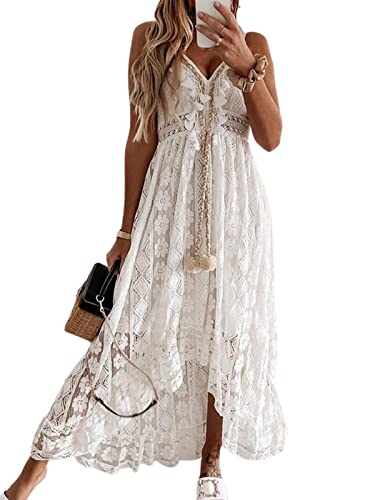 CUPSHE Damen Sommerkleid V Ausschnitt Floral Spitze Quasten Spaghetti Trägerkleid Freizeitkleider Hi-Low Party Boho Beach Maxi Dress Weiß M von CUPSHE