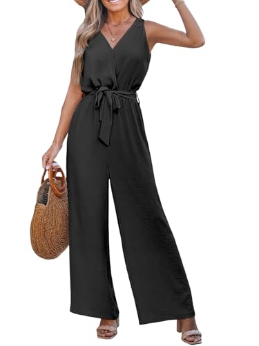 CUPSHE Damen Sommer Strampler V-Ausschnitt Kurz Flugärmel Jumpsuit Gesmokt Taille Weites Bein Overall Casual Playsuit Schwarz M von CUPSHE