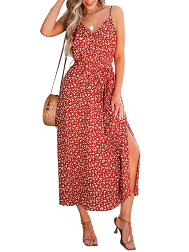 CUPSHE Damen Sommer Strandkleid Ditsy Floral Spaghettiträger Taille Krawatte Seitenschlitz Midi Kleider, Rot/Ausflug, einfarbig (Getaway Solids), Mittel von CUPSHE