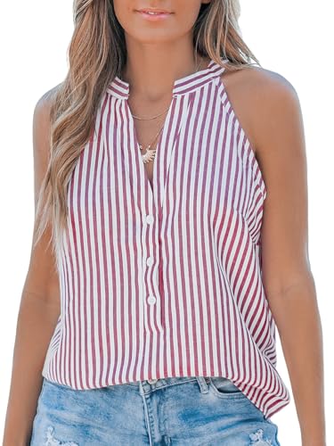CUPSHE Damen Sommer Tank Top Gestreiftes Ärmelloses V-Ausschnitt Blusen Lässig Oberteile Basic Vest Rote XL von CUPSHE