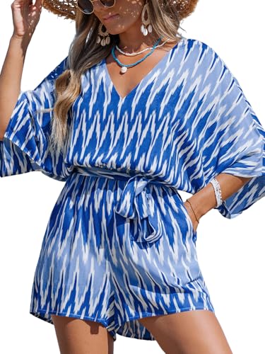 CUPSHE Damen Sommer Weites Bein Strampler V-Ausschnitt Kurzarm Overall Jumpsuit Strand Urlaub Outfit, L von CUPSHE