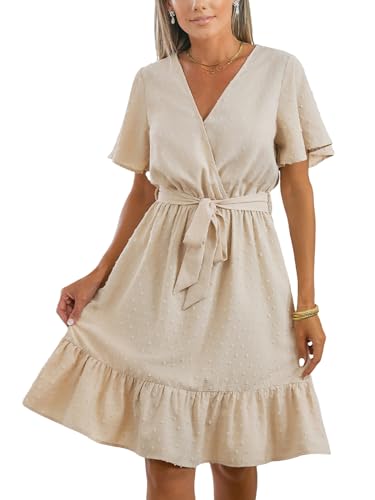 CUPSHE Damen-Sommerkleid, V-Ausschnitt, kurze Ärmel, Gürtel, gerüscht, gewebt, A-Linie, knielang, Freizeitkleid, Beige, Groß von CUPSHE