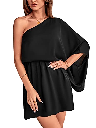 CUPSHE Damen Sommerkleid 3/4 Arm One Shoulder Schulterfreies Kleid Asymmetrische Freizeitkleider Party Mini Dress Schwarz S von CUPSHE