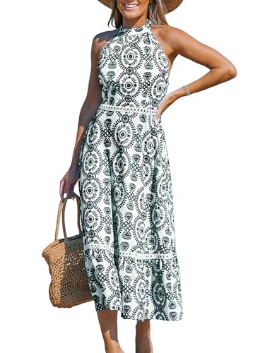 CUPSHE Damen Sommerkleid Ärmellos Neckholder Boho Paisleymuster Rückenfrei Schulterfreies Strandkleid Sommer Elegant Freizeitkleider Maxi Dress Black Paisley XL von CUPSHE