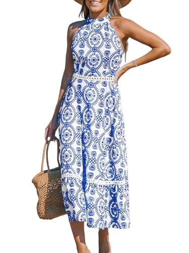 CUPSHE Damen Sommerkleid Ärmellos Neckholder Boho Paisleymuster Rückenfrei Schulterfreies Strandkleid Sommer Elegant Freizeitkleider Maxi Dress Blue Paisley L von CUPSHE