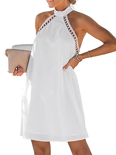 CUPSHE Damen Sommerkleid Ärmellos Spitzenbesatz Neckholder High Neck Kurzes Kleid Freizeitkleider Party Mini Dress Weiß S von CUPSHE
