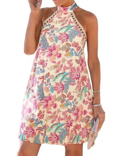 CUPSHE Damen Sommerkleid Ärmellos Spitzenbesatz Neckholder High Neck Kurzes Kleid Freizeitkleider Party Mini Dress von CUPSHE