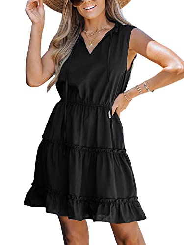 CUPSHE Damen Sommerkleid Ärmellos mit V Ausschnitt Volant A Linie Kurz Freizeitkleid Strand Minikleid Schwarz M von CUPSHE