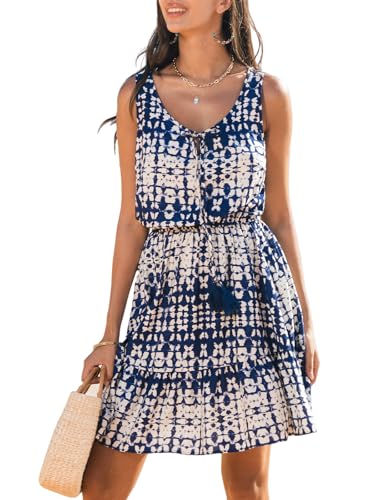 CUPSHE Damen Sommerkleid Abstrakt Druck U-Ausschnitt Ärmellos Strandkleider Quaste Rüschensaum Freizeitkleider Mini Dress Marineblau S von CUPSHE