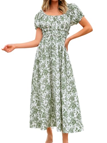 CUPSHE Damen Sommerkleid Blumen Quadratischer Kragen Freizeitkleider Kurze Puffärmel Rüschensaum Strandkleid Maxi Dress von CUPSHE
