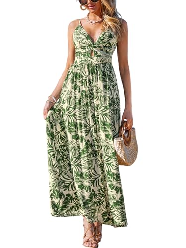 CUPSHE Damen Sommerkleid Blumen V-Ausschnitt Cutout Strandkleid Ärmellos Seitenschlitz Gesmokt Freizeitkleider Maxi Dress Grünes Blatt L von CUPSHE