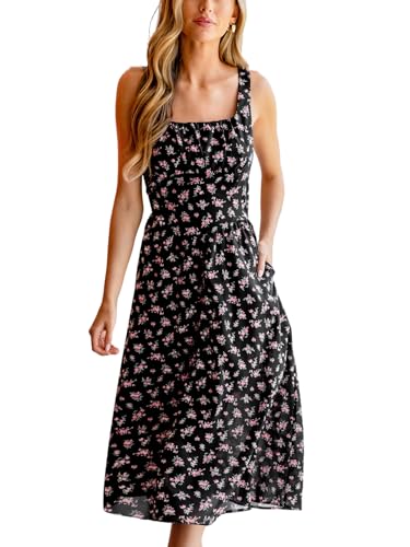 CUPSHE Damen Sommerkleid Blumenmuster Ärmellos Midikleid Gesmokte Rücken Plissee Lang Freizeitkleid Strand Midi Dress Schwarz XS von CUPSHE